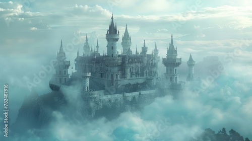 A castle is perched on a mountain top, surrounded by clouds.