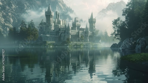 A castle is situated on a lake, with fog surrounding it and mountains in the background.