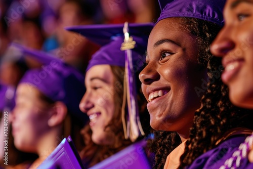 Graduate girls graduation ceremony wearing purple cap gown smiling faces diverse group