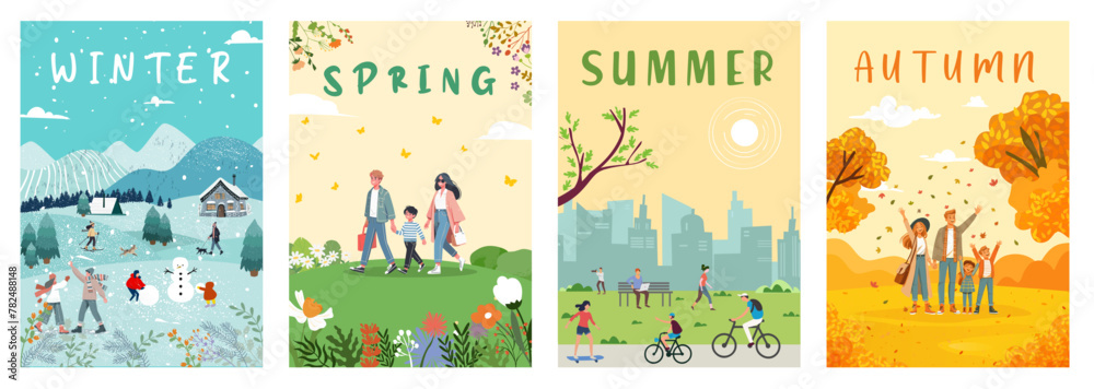 Fototapeta premium Set of posters for spring, summer, autumn and winter. Illustrations with people and seasonal outdoor activities.