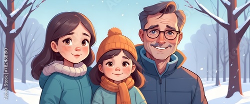 Father and daughters in winter snow landscape