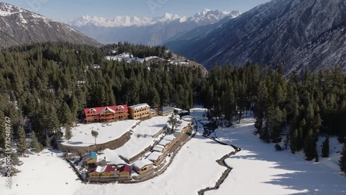 Fairy Meadows at Winter Aewrial Drone Shot. Resort Area near to Nanga Parbat in Gilgit Baltistan, Pakistan. photo