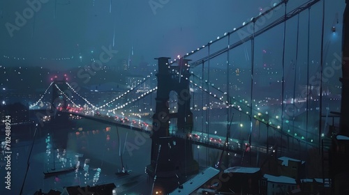 A suspension bridge occupies the entire width of the image, with a river flowing underneath it. The bridge is lit with many lights, including garlands along the cables.