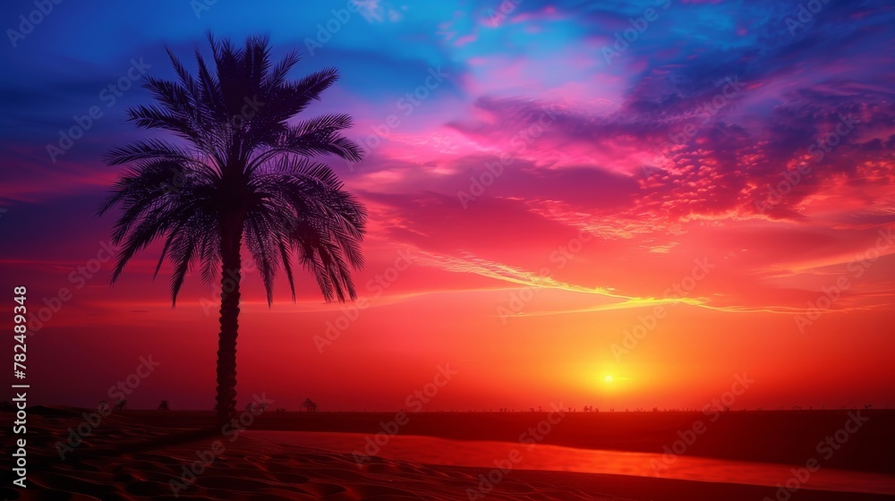 A palm tree stands tall, its silhouette sharply outlined against a backdrop of vibrant colors painted by the setting sun. The sky is a beautiful blend of oranges, pinks, and purples, creating a