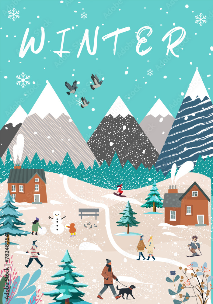Vector illustration of the winter season. Poster with people and seasonal outdoor activity. Vector illustration of the winter season. Poster with people and seasonal outdoor activity.