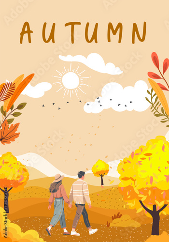 Vector illustration of the autumn season. Poster with people and seasonal outdoor activity.