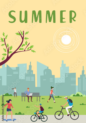 Vector illustration of the summer season. Poster with people and seasonal outdoor activity.