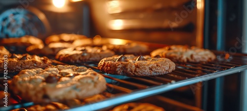 Chocolate chip cookies baking on rack in oven. photo