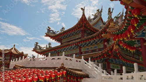 The spiritual Thean Hou Temple with Chinese New Year red lanterns lining the building, Kuala Lumpur, Malaysia