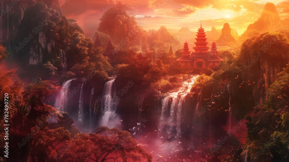 A painting showcasing a powerful waterfall cascading down rocks in the midst of a dense, ancient forest. The vibrant greenery and towering trees emphasize the majestic beauty of nature.