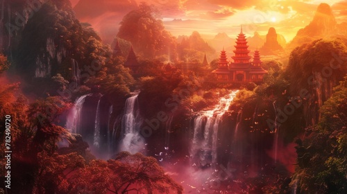 A painting showcasing a powerful waterfall cascading down rocks in the midst of a dense, ancient forest. The vibrant greenery and towering trees emphasize the majestic beauty of nature.