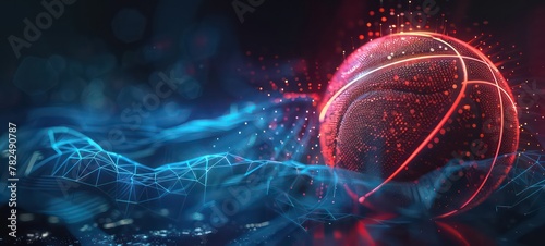 Mechanical futuristic basketball in glossy material with neon glowing wireframe details background as banner with copy space area photo