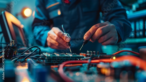 Closeup view of technician testing and diagnosing a computer with special equipment such as multimeter or component tester