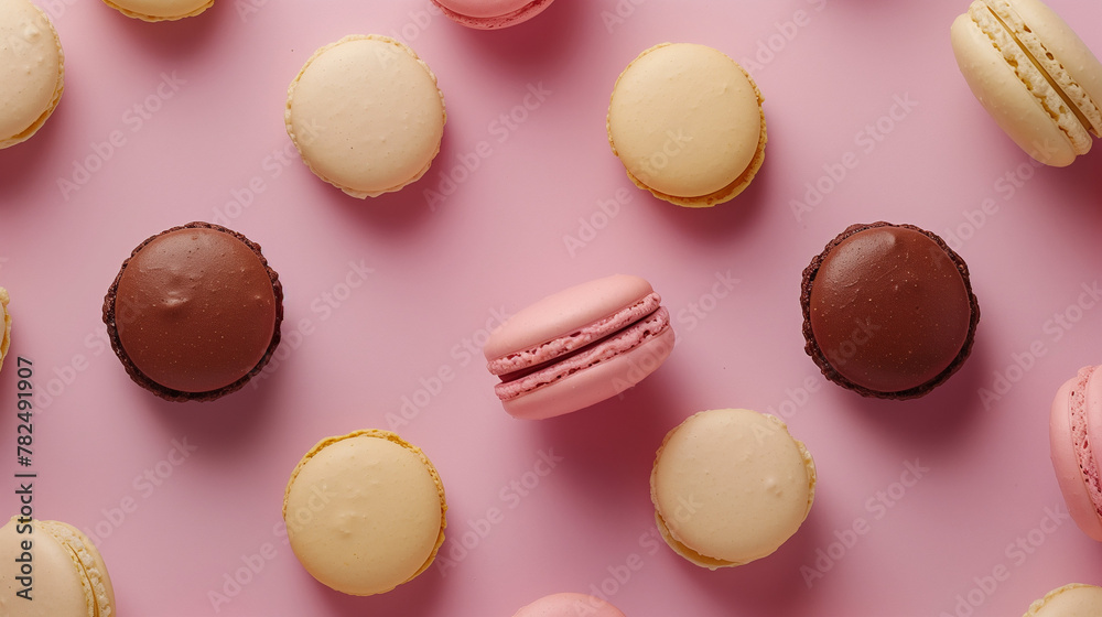 Fototapeta premium Pattern di biscotti macarons su sfondo rosa visti dall'alto