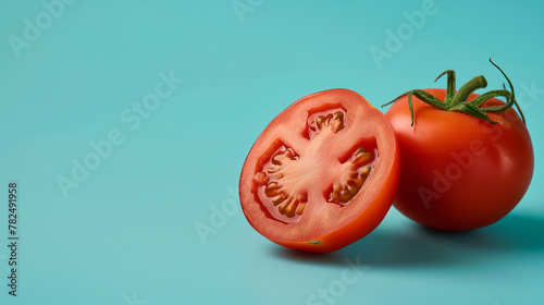 Pomodoro rosso intero e fetta tagliata a metà su sfondo azzurro photo
