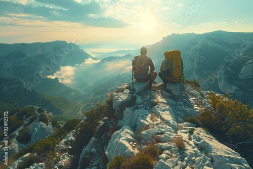 Two travelers with backpacks admiring majestic mountain landscape