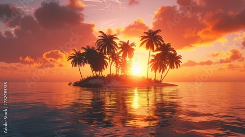 A small island covered with palm trees stands alone in the vast ocean under the clear blue sky on a sunny day. © Goinyk