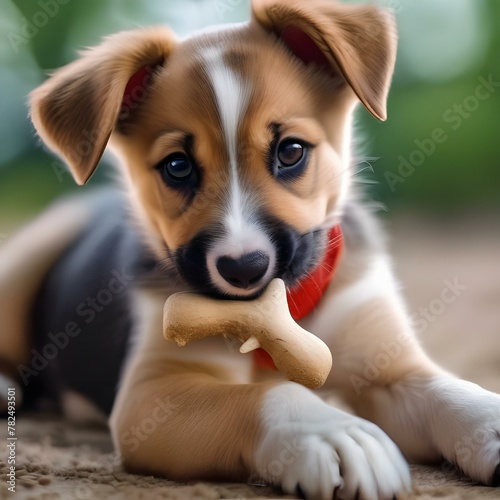 A playful puppy with a toy bone in its mouth, wagging its tail happily1