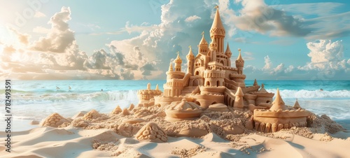 Sandcastle sculpture built at the beach in vacation summer time as wide banner with copy space area photo