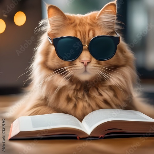 A fluffy orange cat wearing glasses and reading a tiny book3 photo