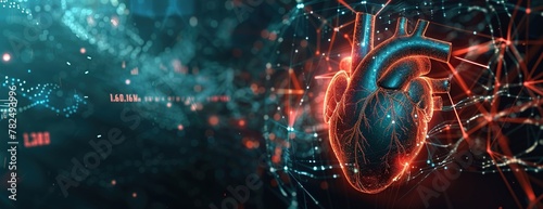 Abstract digital human heart with medical symbols and data visualizations on a dark background