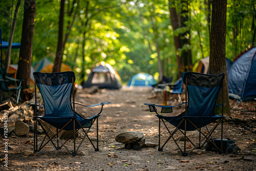 Pair of camping chairs in forest campsite. Camping summer vacations concept