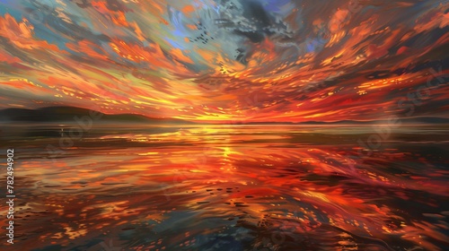 A stunning painting capturing a vibrant sunset over a calm body of water. The sky is ablaze with warm hues, reflecting on the waters surface as the sun sets on the horizon.