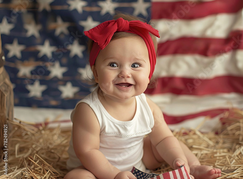 Adorable happy baby girl sitting on the ground holding an American flag, with a big big USA flag in barn as background © LorenaPh