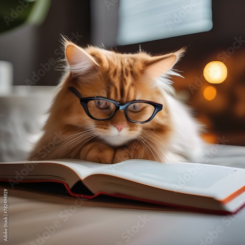 A fluffy orange cat wearing glasses and reading a tiny book1 photo