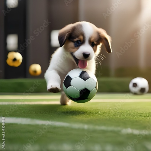 A group of puppies playing with a soccer ball, rolling around in the grass4