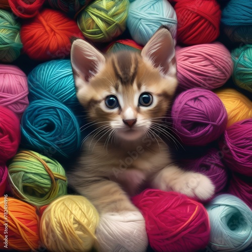 A curious kitten peeking out from behind a pile of colorful yarn1 photo