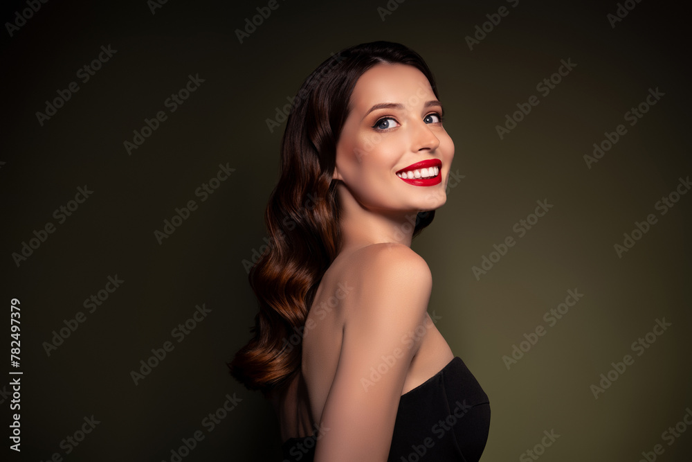 Profile side photo of happy lovely perfect elegant lady wear black dress celebrating night festive event for celebrity Profile side photo of happy lovely perfect elegant lady wear black dress celebrating night festive event for celebrity
