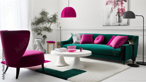 Bold flashes of fuchsia pink and emerald green agnst a clean white background  creating a visually striking contrast.