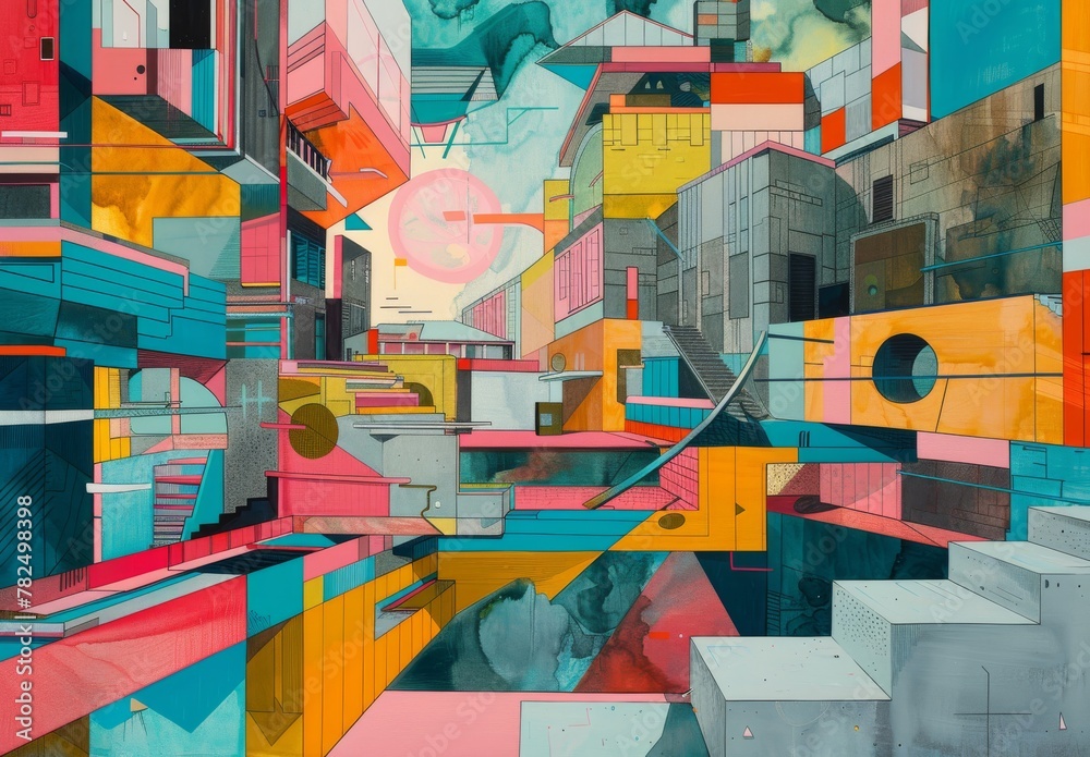 Imaginative depictions of architectural elements and structures, reimagined in abstract and fantastical ways, with distorted perspectives, playful geometries, and unexpected juxtapositions
