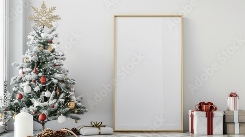 mock up poster frame in hipster interior background,christamas decoration, 3D render