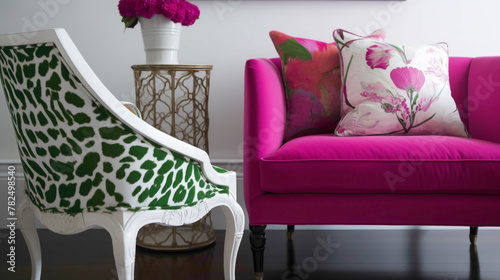 Bold flashes of fuchsia pink and emerald green agnst a clean white background, creating a visually striking contrast.