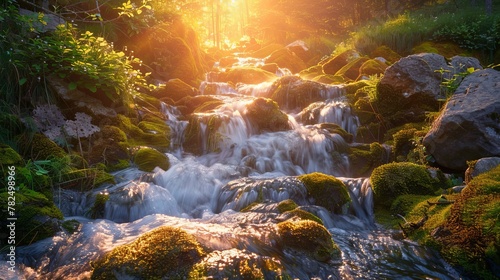 A stream of water cascading through a dense forest filled with vibrant greenery and moss-covered rocks.