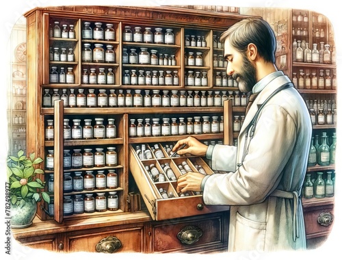 Digital art of Homeopathic doctor selecting remedy from an antique wooden cabinet among bottles of homeopathic medicine. Concept of age-old healing traditions, homeopathy, classical medicine cabinets