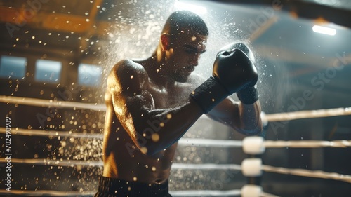 Intense male boxer with boxing gloves training in a ring. Man practicing punch with determination. Concept of boxing training, intense workout, strength, and athlete's discipline.