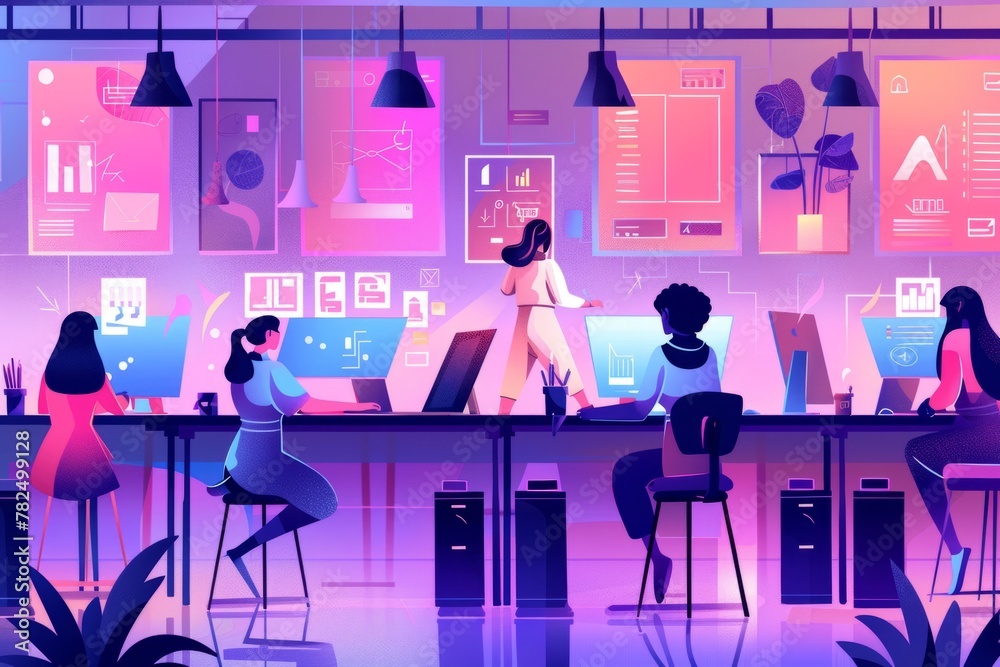women working together in an office, surrounded by digital design tools like graphic tablets and computer screens displaying creative designs Generative AI women working together in an office, surrounded by digital design tools like graphic tablets and computer screens displaying creative designs Generative AI