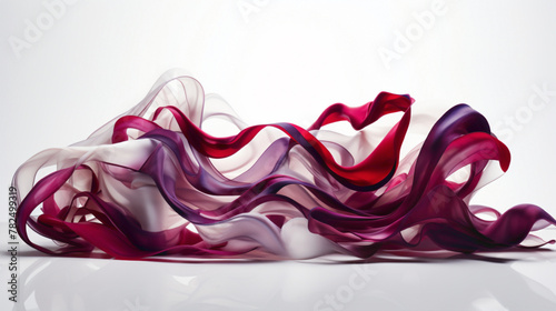 Bold ribbons of electric violet and fiery red on a pure white canvas, intertwining to create a sense of depth and movement.