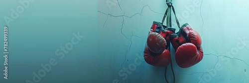 Red boxing gloves hanging on light blue wall. Banner. Textured background with copy space. Minimalistic sports equipment concept. Design for poster, banner, sport-related advertising. Copy space