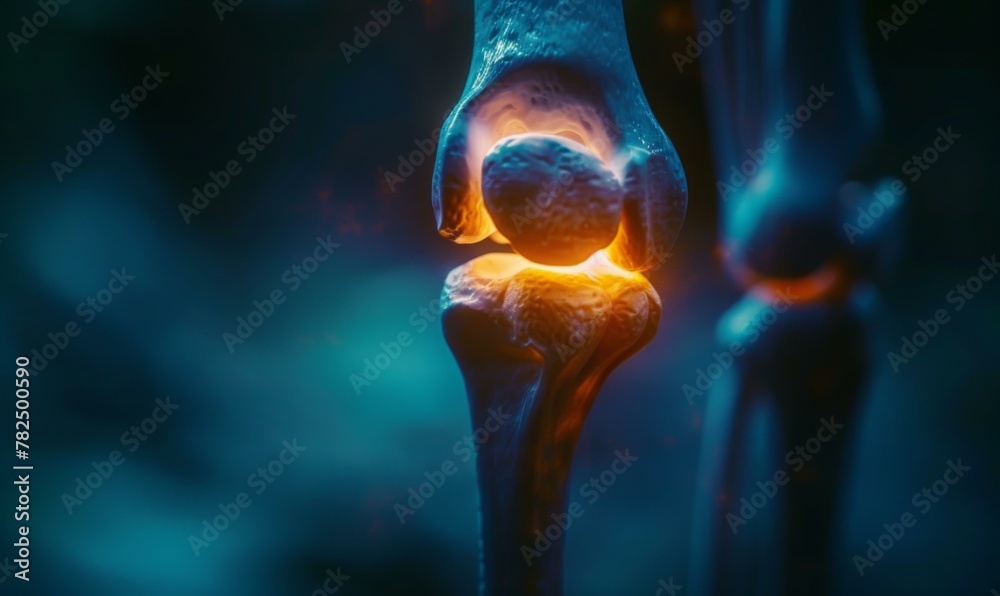A close up of a knee bone with glowing light. AI.