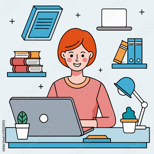 A smiling person with long hair is sitting behind a laptop surrounded by various educational and technology icons such as a globe, books, light bulb, and a plant