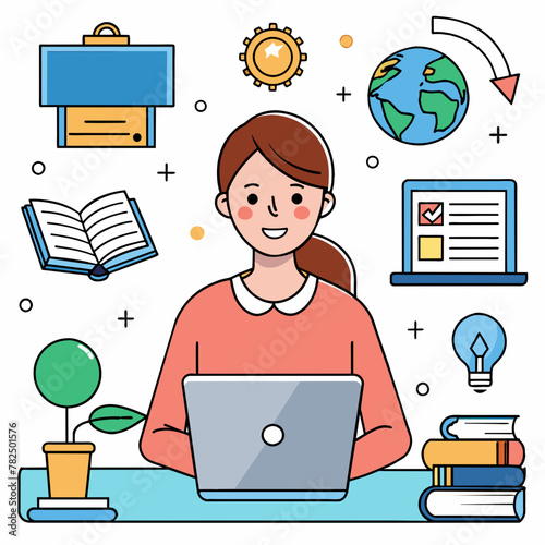 A smiling person with long hair is sitting behind a laptop surrounded by various educational and technology icons such as a globe, books, light bulb, and a plant