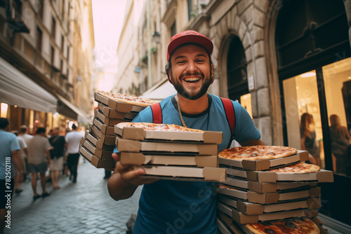 Happy pizza courier in an old European city. Generative AI tools