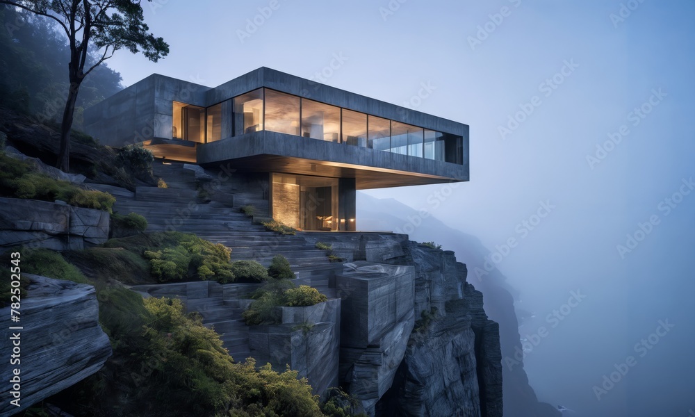 square box-like structure is perched on top of a sheer cliff, overlooking a large waterfall. The surrounding area is covered in fog, creating an otherworldly atmosphere. square box-like structure is perched on top of a sheer cliff, overlooking a large waterfall. The surrounding area is covered in fog, creating an otherworldly atmosphere.