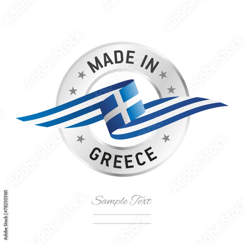 Made in Greece. Greece flag ribbon with circle silver ring seal stamp icon. Greece sign label vector isolated on white background
