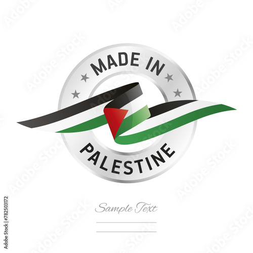 Made in Palestine. Palestine flag ribbon with circle silver ring seal stamp icon. Palestine sign label vector isolated on white background