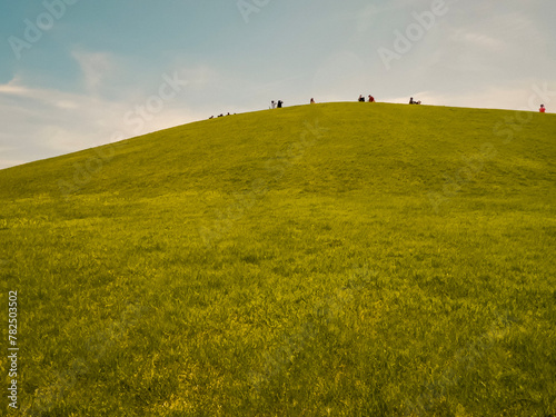 An idyllic hill covered in lush green grass set against a wispy blue sky. Silhouettes of unrecognizable people gathered at the top of the hill for a viewing party.